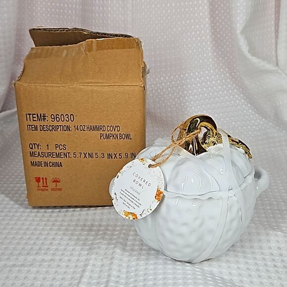 14 oz White & Gold Covered Pumpkin Bow with Handles -  NIB - Picture 9 of 9